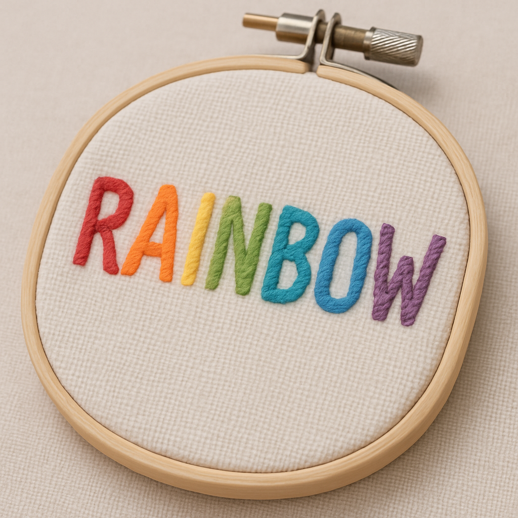 Rainbow lettering with satin stitches